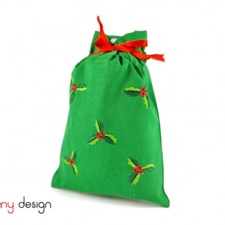  Small green Christmas bag with three leave embroidery